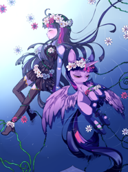 Size: 600x806 | Tagged: safe, artist:loyaldis, imported from derpibooru, twilight sparkle, alicorn, pony, equestria girls, crying, duo, female, floral head wreath, flower, human ponidox, mare, sad, self ponidox, twilight sparkle (alicorn)