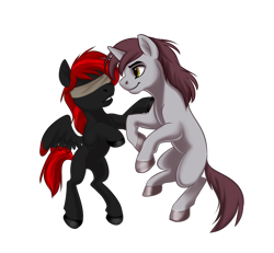 Size: 1300x1200 | Tagged: dead source, safe, artist:tuwka, imported from derpibooru, oc, oc:abel, oc:cain, pegasus, pony, unicorn, blindfold, brothers, cain, colored hooves, community related, d'lirium, male, rearing, red and black oc, simple background, steam, transparent background