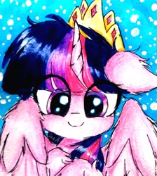 Size: 1900x2120 | Tagged: safe, artist:liaaqila, imported from derpibooru, twilight sparkle, alicorn, pony, crown, female, jewelry, mare, regalia, smiling, solo, traditional art, twilight sparkle (alicorn)