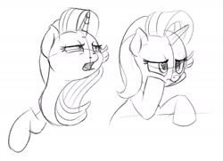 Size: 1538x1112 | Tagged: safe, artist:esfelt, imported from derpibooru, starlight glimmer, pony, unicorn, bored, female, grayscale, mare, monochrome, open mouth, sketch, solo