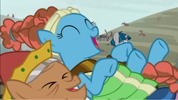 Size: 1250x698 | Tagged: safe, imported from derpibooru, screencap, meadowbrook, stygian, earth pony, pony, unicorn, shadow play, background pony, carrying, elderly, eyes closed, female, male, mare, smiling, stallion, unnamed character, unnamed pony