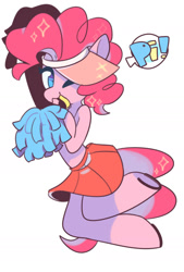 Size: 1181x1748 | Tagged: safe, artist:snowillusory, imported from derpibooru, pinkie pie, anthro, unguligrade anthro, cap, cheerleader, cheerleader pinkie, clothes, female, hat, looking at you, mouth hold, one eye closed, simple background, skirt, solo, watermark, white background, wink
