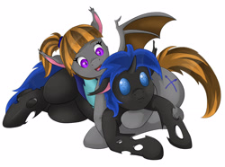 Size: 2550x1896 | Tagged: safe, artist:colli, imported from derpibooru, oc, oc only, oc:mythic dawn, oc:swift dawn, bat pony, changeling, pony, bat pony oc, blue changeling, blue eyes, brother and sister, commission, cuddling, cute, cutie mark, explicit source, female, floppy ears, male, purple eyes, simple background, smiling, snuggling, white background