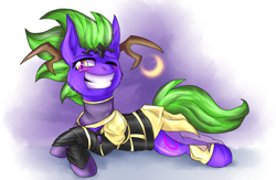 Size: 2740x1783 | Tagged: safe, artist:not-ordinary-pony, imported from derpibooru, oc, oc only, pony, clothes, commission, grin, horn, one eye closed, prone, smiling, solo, wink