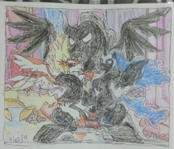Size: 2439x2089 | Tagged: safe, artist:dragon0693, imported from derpibooru, daybreaker, nightmare moon, pony of shadows, a royal problem, shadow play, hug, traditional art