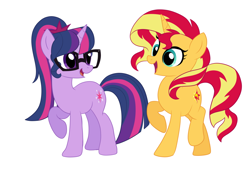 Size: 1008x720 | Tagged: safe, artist:little-tweenframes, deleted from derpibooru, imported from derpibooru, sci-twi, sunset shimmer, twilight sparkle, pony, unicorn, series:sciset diary, equestria girls ponified, female, glasses, lesbian, mare, ponified, scitwishimmer, shipping, smiling, sunsetsparkle