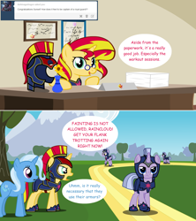 Size: 1280x1444 | Tagged: safe, artist:hakunohamikage, imported from derpibooru, sunset shimmer, trixie, oc, oc:raincloud, pony, unicorn, ask-princesssparkle, armor, ask, comic, desk, drill sergeant, dusk guard, female, glasses, guardsmare, lampshade hanging, mare, royal guard, tumblr, twilight's royal guard