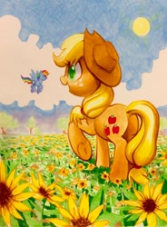 Size: 884x1200 | Tagged: safe, artist:dawnfire, imported from derpibooru, applejack, rainbow dash, earth pony, pegasus, pony, cowboy hat, duo, female, flower, flying, giant pony, hat, macro, mare, marker, size difference, smoldash, sun, sunflower, traditional art, underhoof