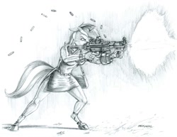 Size: 1400x1078 | Tagged: safe, artist:baron engel, imported from derpibooru, lyra heartstrings, anthro, unguligrade anthro, unicorn, clothes, drum magazine, eotech, female, firing, grayscale, gun, h&k g3, heckler and koch, mare, monochrome, pencil drawing, simple background, sketch, story included, traditional art, weapon, white background