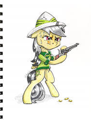 Size: 1600x2133 | Tagged: safe, artist:helmie-art, artist:helmie-d, imported from derpibooru, daring do, pegasus, pony, clothes, female, gun, handgun, hat, inktober 2017, mare, reality ensues, revolver, solo, traditional art, weapon