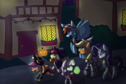 Size: 5400x3600 | Tagged: safe, artist:elsarivrwood, imported from derpibooru, apple bloom, applejack, rainbow dash, rarity, scootaloo, sweetie belle, absurd resolution, adorabloom, clothes, costume, cute, cutie mark crusaders, dress, fantasy class, freckles, halloween, holiday, jack-o-lantern, knight, levitation, magic, mouth hold, night, open mouth, ponyville, princess, pumpkin, telekinesis, the wizard of oz, tinman, trick or treat, warrior, witch