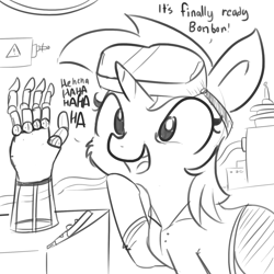 Size: 1650x1650 | Tagged: safe, artist:tjpones, imported from derpibooru, lyra heartstrings, pony, unicorn, female, goggles, implied bon bon, mare, open mouth, robot hand, robotic arm, science, smiling, solo