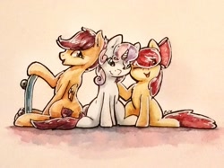 Size: 1835x1375 | Tagged: safe, artist:penny-wren, imported from derpibooru, apple bloom, scootaloo, sweetie belle, cutie mark crusaders, simple background, traditional art, watercolor painting