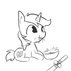 Size: 1650x1650 | Tagged: safe, artist:tjpones, imported from derpibooru, shining armor, pony, unicorn, eating, foal, hay, herbivore, horses doing horse things, male, monochrome, sketch, solo, wooden sword, younger