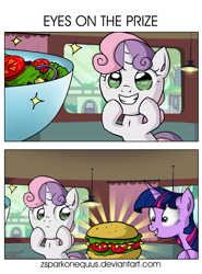 Size: 1675x2268 | Tagged: safe, artist:zsparkonequus, imported from derpibooru, sweetie belle, twilight sparkle, burger, comic, cute, eyes on the prize, food, grin, hay burger, herbivore, salad, smiling, twilight burgkle