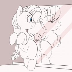 Size: 1280x1280 | Tagged: safe, artist:pabbley, imported from derpibooru, rarity, pony, 30 minute art challenge, belly button, bipedal, butt, dock, ear fluff, featureless crotch, female, looking back, mare, mirror, partial color, plot, smiling