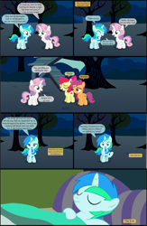 Size: 4551x7001 | Tagged: safe, artist:cyanlightning, imported from derpibooru, apple bloom, scootaloo, sweetie belle, oc, oc:cyan lightning, earth pony, pegasus, pony, unicorn, comic:cyan's adventure, absurd resolution, bed, colt, comic, cutie mark crusaders, eyes closed, female, filly, fourth wall, magic, male, night, one eye closed, open mouth, sweat