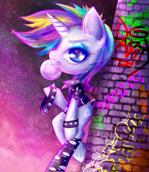 Size: 869x1000 | Tagged: safe, artist:nefyfeiri, imported from derpibooru, rarity, semi-anthro, alternate hairstyle, bipedal, bracelet, bubblegum, clothes, collar, female, food, gum, jacket, jewelry, leaning, leaning back, multicolored hair, pillar, punk, rainbow hair, raripunk, solo, spiked collar, spiked wristband, wristband