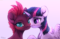 Size: 2476x1613 | Tagged: safe, artist:graypillow, imported from derpibooru, fizzlepop berrytwist, tempest shadow, twilight sparkle, alicorn, pony, my little pony: the movie, broken horn, female, lesbian, mare, shipping, smiling, tempestlight, twilight sparkle (alicorn)