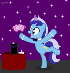 Size: 5765x5978 | Tagged: safe, artist:ironm17, imported from derpibooru, minuette, pinkie pie, rainbow dash, rarity, twilight sparkle, pony, unicorn, absurd resolution, bipedal, bowtie, card, card trick, cylinder, female, jack of clubs, jack of hearts, magic, magic aura, magic trick, mare, playing card, queen of diamonds, queen of spades, solo, standing, standing on one leg, table, wand