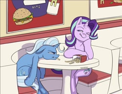 Size: 1280x990 | Tagged: safe, artist:theboxduchess, imported from derpibooru, starlight glimmer, trixie, pony, unicorn, date, fast food, fastfood restaurant, female, food, french fries, lesbian, one eye closed, shipping, sitting, smiling, smirk, startrix, table, unamused
