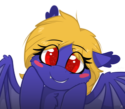 Size: 3352x2903 | Tagged: safe, artist:alie4derpy, imported from derpibooru, oc, oc only, oc:butter cream, bat pony, bat pony oc, blush sticker, blushing, bust, cheek fluff, cheek squish, chest fluff, cute, eyelashes, female, hooves on cheeks, looking at you, mare, portrait, request, simple background, smiling, solo, squishy cheeks, transparent background, weapons-grade cute, wings