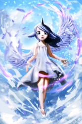 Size: 783x1180 | Tagged: safe, artist:gianghanz, artist:moondreamer16, imported from derpibooru, princess luna, human, clothes, collaboration, eared humanization, female, horned humanization, humanized, solo, winged humanization, wings