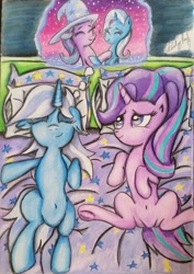 Size: 942x1328 | Tagged: safe, artist:steadypaw, imported from derpibooru, starlight glimmer, trixie, pony, unicorn, belly button, clothes, dream, duo, female, hat, lesbian, shipping, sleeping, smiling, startrix, traditional art, trixie's hat