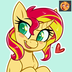 Size: 512x512 | Tagged: safe, artist:esmeia, imported from derpibooru, sunset shimmer, pony, unicorn, blush sticker, blushing, bust, curved horn, cute, emoji, emoticon, female, heart, looking away, mare, open mouth, request, requested art, shimmerbetes, smiling, solo