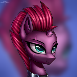 Size: 3000x3000 | Tagged: safe, artist:setharu, imported from derpibooru, tempest shadow, pony, my little pony: the movie, broken horn, bust, ear fluff, eye reflection, eye scar, female, mare, portrait, reflection, scar, signature, smiling, solo, zoom layer
