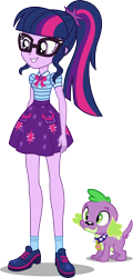 Size: 578x1200 | Tagged: safe, artist:seahawk270, imported from derpibooru, sci-twi, spike, spike the regular dog, twilight sparkle, dog, a fine line, equestria girls, equestria girls series, clothes, geode of telekinesis, glasses, magical geodes, ponytail, shoes, simple background, skirt, smiling, socks, transparent background, vector