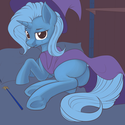 Size: 3500x3500 | Tagged: safe, artist:anti1mozg, imported from derpibooru, trixie, pony, bed, butt, cape, clothes, female, hat, looking at you, plot, sad, solo, the great and powerful ass, the sad and depresive trixie, trixie's cape, trixie's hat, wand