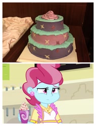 Size: 3106x4096 | Tagged: safe, edit, imported from derpibooru, screencap, cup cake, starlight glimmer, equestria girls, no second prances, cake, china ponycon, defictionalization, food, irl, photo, raised eyebrow, unamused