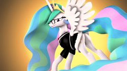 Size: 1920x1080 | Tagged: safe, artist:loveslove, imported from derpibooru, princess celestia, alicorn, pony, 3d, butt, clothes, crown, cutie mark, dress, ethereal mane, ethereal tail, female, flowing mane, flowing tail, glasses, jewelry, lidded eyes, mare, multicolored mane, multicolored tail, plot, praise the sun, purple eyes, regalia, royalty, smiling, solo, spread wings, stupid sexy celestia, sunbutt, tiara