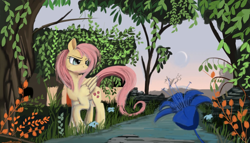 Size: 1182x675 | Tagged: safe, artist:auroriia, imported from derpibooru, fluttershy, pony, female, flower, nature, river, scenery, solo