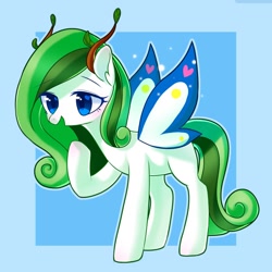 Size: 1500x1500 | Tagged: safe, artist:leafywind, imported from derpibooru, oc, oc only, butterfly pony, original species, pony, abstract background, blue background, butterfly wings, female, mare, simple background, solo