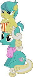 Size: 3000x6947 | Tagged: safe, artist:dusk2k, imported from derpibooru, corn pops, honey curls, mare e. lynn, earth pony, pony, made in manehattan, colt, female, food, high res, male, mare, popcorn, simple background, transparent background, vector