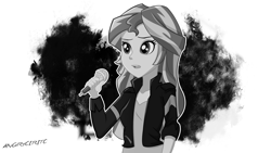 Size: 2560x1440 | Tagged: safe, artist:ngrycritic, imported from derpibooru, sunset shimmer, equestria girls, female, microphone, monochrome, solo, style emulation