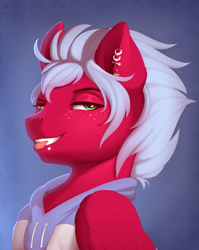 Size: 2587x3250 | Tagged: safe, artist:evehly, imported from derpibooru, oc, oc only, oc:melon frost, biting, bust, clothes, ear piercing, earring, freckles, hoodie, jewelry, lip piercing, piercing, smiling, snake bites, solo, tongue bite, tongue out