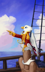 Size: 753x1200 | Tagged: safe, artist:amarynceus, imported from derpibooru, oc, oc only, oc:der, griffon, admiral, clothes, micro, outdoors, pointing, quarterdeck, ratlines, sailship, ship, smiling, solo