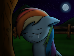 Size: 1600x1200 | Tagged: safe, artist:jacsveus, imported from derpibooru, rainbow dash, crying, female, fence, moon, night, sad, solo, tree