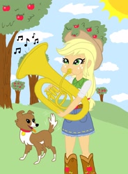 Size: 1511x2054 | Tagged: safe, imported from derpibooru, applejack, winona, fanfic:the tuba cowgirl, equestria girls, apple orchard, ballad (song), colored sketch, fanfic, fanfic art, illustration, musical instrument, the tuba cowgirl, tuba, tubajack