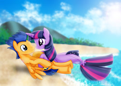 Size: 1600x1131 | Tagged: safe, artist:jucamovi1992, imported from derpibooru, flash sentry, twilight sparkle, pegasus, pony, seapony (g4), my little pony: the movie, beach, female, fin wings, fins, flashlight, looking at each other, male, seaponified, seapony twilight, shipping, sky, smiling, species swap, stallion, straight, the little mermaid