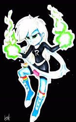 Size: 2121x3402 | Tagged: safe, artist:liaaqila, imported from derpibooru, rainbow dash, equestria girls, black background, boots, clothes, crossover, danny phantom, female, rainbow socks, serious, serious face, shoes, simple background, socks, solo, striped socks, traditional art