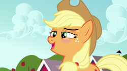 Size: 1280x720 | Tagged: safe, imported from derpibooru, screencap, applejack, earth pony, pony, brotherhooves social, apple, apple tree, appleblush, applejack's hat, blushing, cowboy hat, female, flattered, food, freckles, hat, looking down, mare, open mouth, solo, stetson, sweet apple acres, tree