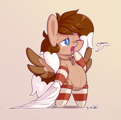 Size: 2433x2400 | Tagged: safe, artist:dsp2003, imported from derpibooru, oc, oc only, oc:cinnamon toast, original species, pegasus, plush pony, pony, bipedal, blanket, blushing, chibi, clothes, cute, female, gradient background, key, mare, one eye closed, open mouth, simple background, socks, striped socks, style emulation, tongue out, yawn