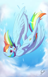 Size: 1200x1920 | Tagged: safe, artist:laptop-pone, imported from derpibooru, rainbow dash, pegasus, pony, cloud, falling, feather, female, looking at you, open mouth, sky, solo, spread wings, wings