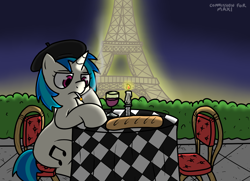 Size: 1648x1191 | Tagged: safe, artist:pokefound, deleted from derpibooru, imported from derpibooru, dj pon-3, vinyl scratch, pony, unicorn, alcohol, beret, cigarette, eiffel tower, female, france, french, hat, mare, smoking, solo, wine