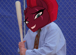 Size: 1166x849 | Tagged: safe, imported from derpibooru, tempest shadow, human, my little pony: the movie, baseball bat, broken horn, eye scar, george costanza, irl, irl human, ishygddt, photo, scar, scar on the wrong side, smiling