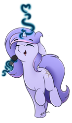 Size: 1024x1750 | Tagged: safe, artist:mindlesssketching, imported from derpibooru, oc, oc only, oc:silver swirls, pony, unicorn, eyes closed, female, floppy ears, happy, magic, mare, microphone, simple background, solo, transparent background